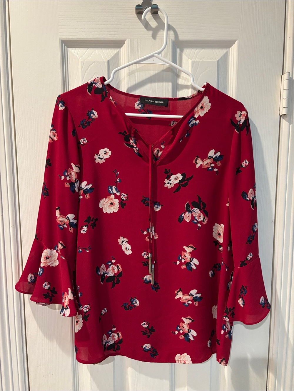 Ivanka Trump Red Floral V-Neck Tassel Bell Sleeve Blouse
